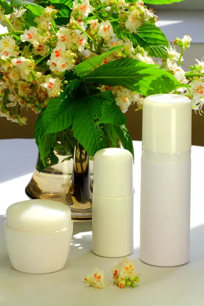 Flores de castanheiros e algumas coisas para spa e massagem — Fotografia de Stock