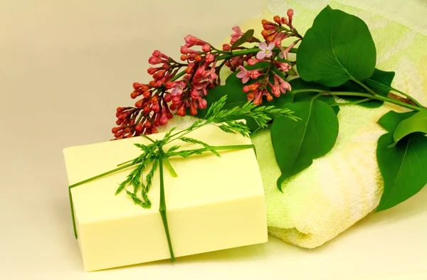 Lila bloemen, een soap en een handdoek — Stockfoto
