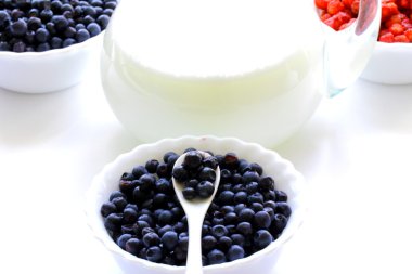 Many bilberries in the white bowl and the glass jug with a milk clipart