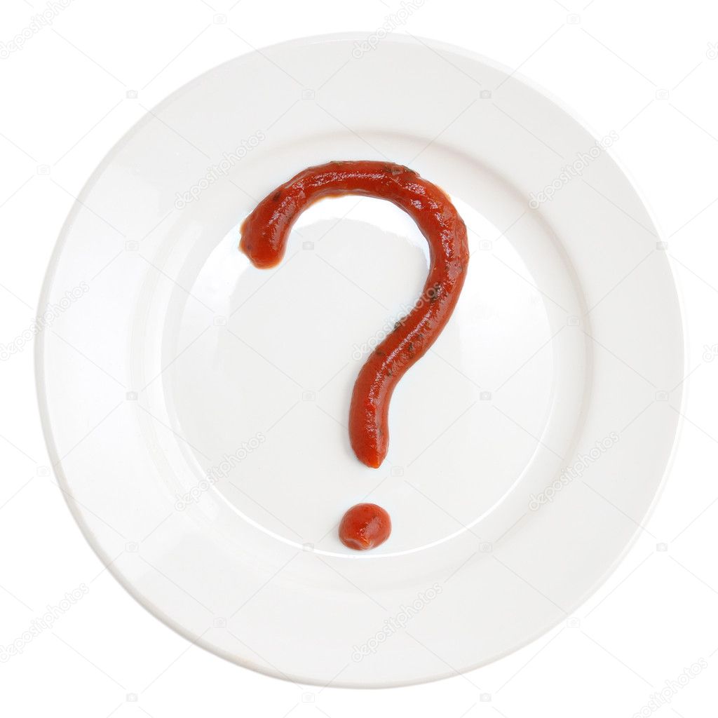 Question Mark Made Of Tomato Ketchup On Plate Isolated On White