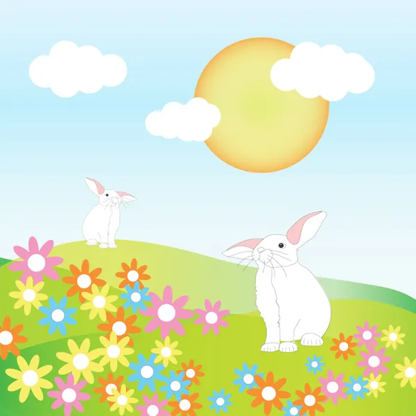 stock image Two rabbits on a hills among flowers