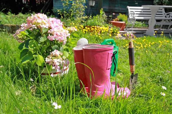 stock image Pink wellingtons in the Spring garden