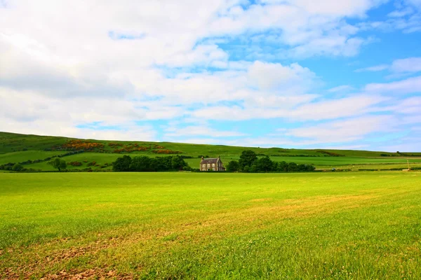 Paisagem ensolarada com campos e céu azul — Fotografia de Stock