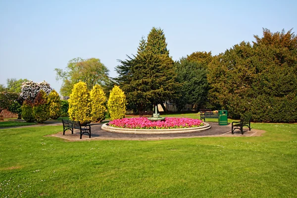 Kırmızı campanula'lar tasarımı ile güzel bahar Parkı — Stok fotoğraf