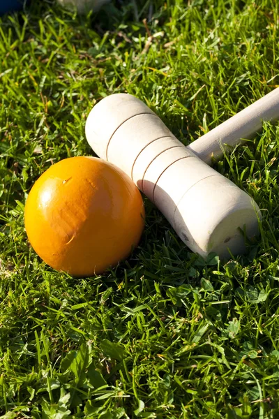 Croquet stick en geel bal — Stockfoto