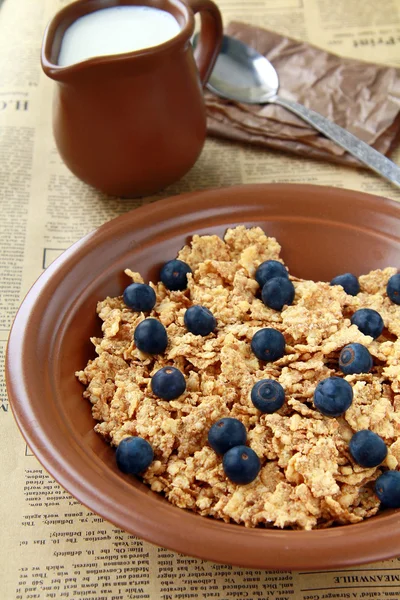 Sağlıklı bir kahvaltı taze meyveleri ve süt ile müsli — Stok fotoğraf