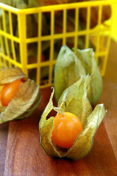 gele organische physalis op een houten bordahşap tahta üzerinde sarı organik physalis