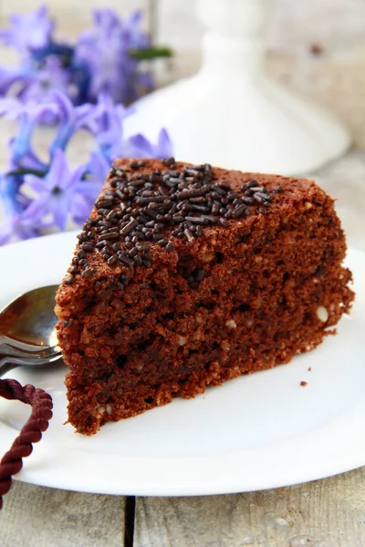 Chocolate delicious cake on white plate — Stock Photo, Image
