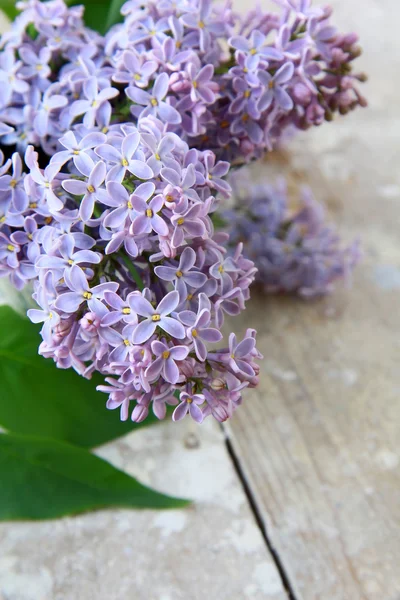 Bouquet of violet lilac flowers on a wooden table — Stock Photo, Image