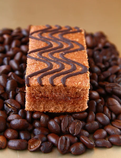 Heerlijke chocoladetaart op koffie bonen — Stockfoto