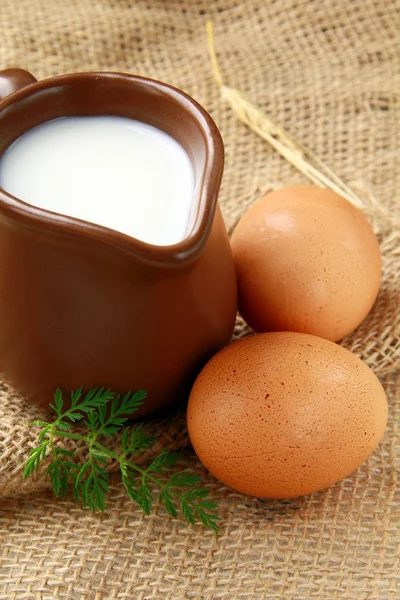 소박한 스타일의 자연 배경에 계란과 우유와 함께 유리 용기 — 스톡 사진