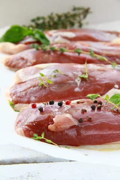 Raw meat, duck fillet with spices and herbs — Stock Photo, Image