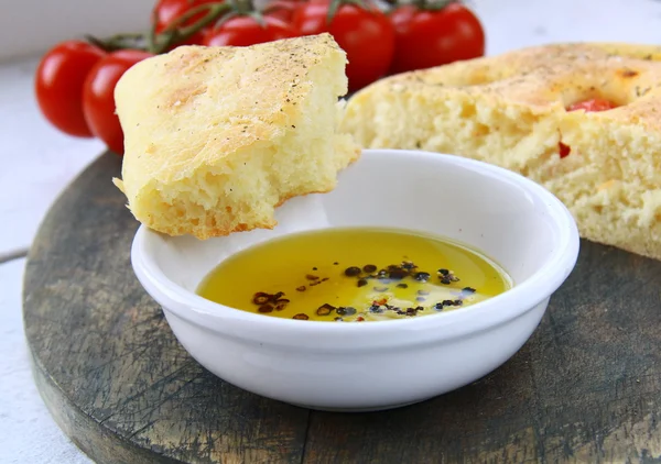 Slice of italian focaccia bread with olive oil — Stock Photo, Image