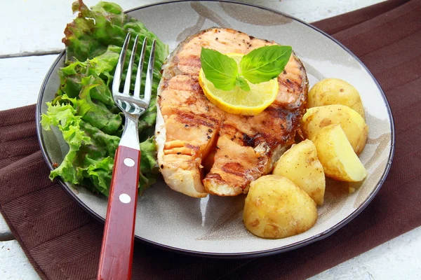 Red fish salmon grilled with lemon and salad — Stock Photo, Image