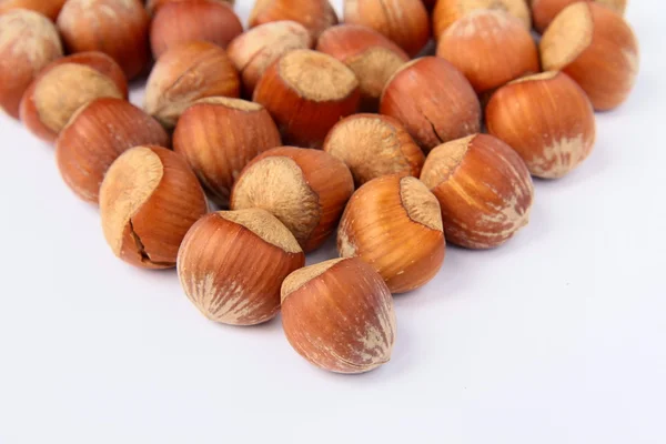 Lískové ořechy, lemovaný s velkým srdcem na bílém pozadí — Stock fotografie