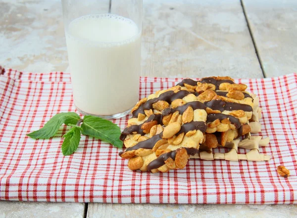 Domácí sušenky s čokoládou a ořechy a sklenici mléka — Stock fotografie