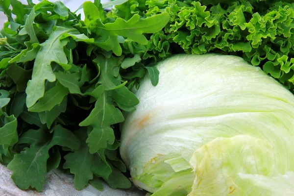 Sallad, ruccola och Isbergssallat finns tre typer av salat — Stockfoto