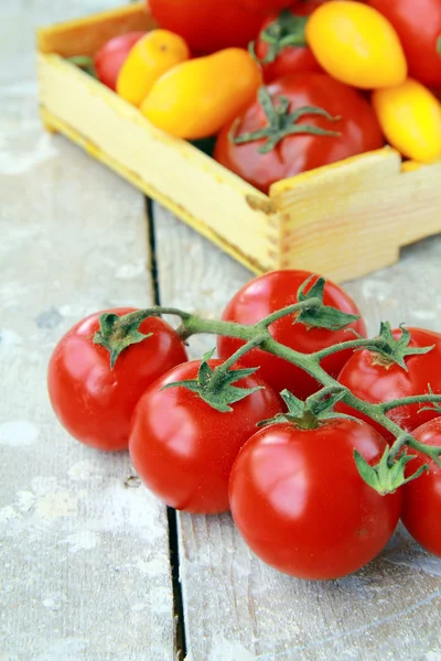 Várias variedades de tomates em uma caixa na mesa — Fotografia de Stock