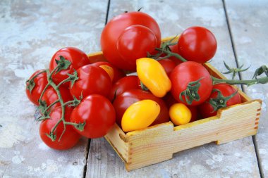 Several varieties of tomatoes in a box on the table