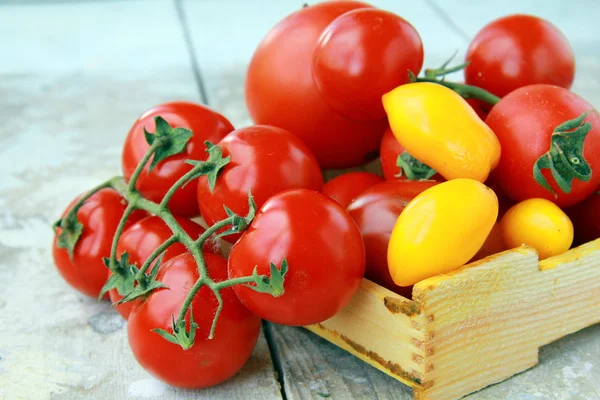 Several varieties of tomatoes in a box on the table — Stock Photo, Image