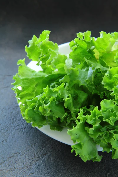 Fresh lettuce on a plate on a black background — Stock Photo, Image