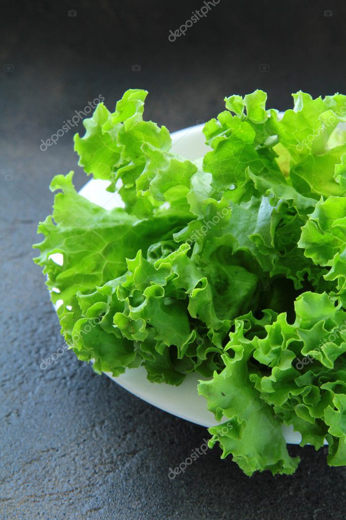 Fresh lettuce on a plate on a black background — Stock Photo © Dream79
