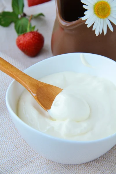 Crema agria de productos lácteos fermentados en una taza blanca —  Fotos de Stock