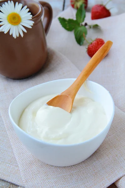 Crema agria de productos lácteos fermentados en una taza blanca — Foto de Stock