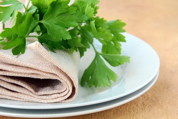 Kumaş peçete ve fışkın maydanoz - organik menü ile plakalar — Stok fotoğraf