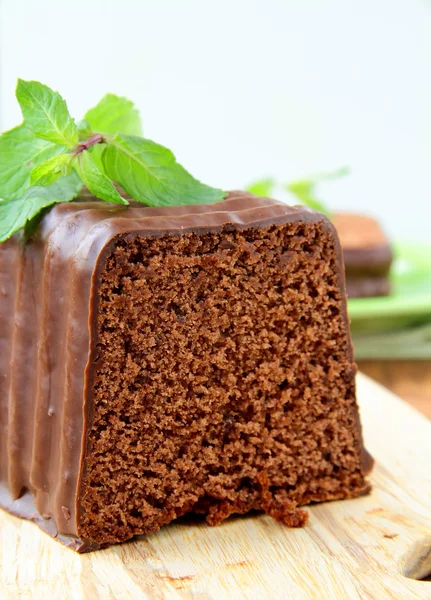 Delicious chocolate cake with mint leaves — Stock Photo, Image