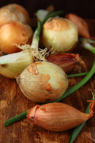 Several types of onions - green and shallots on a wooden background — Stock Photo, Image