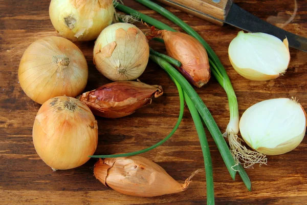 Several types of onions - green and shallots on a wooden background — Stok fotoğraf