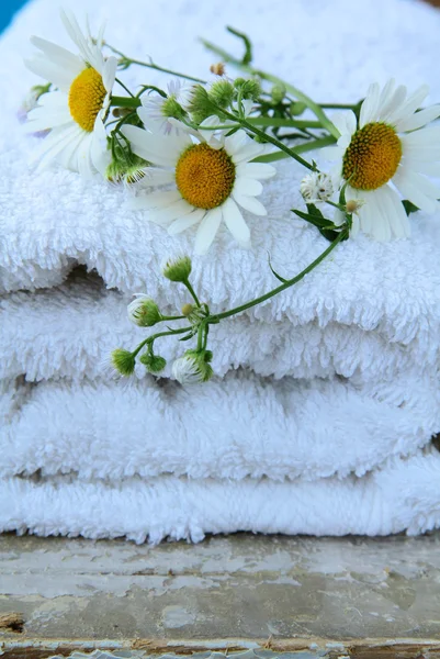 Bílý ručník s sedmikrásky na dřevěný stůl — Stock fotografie