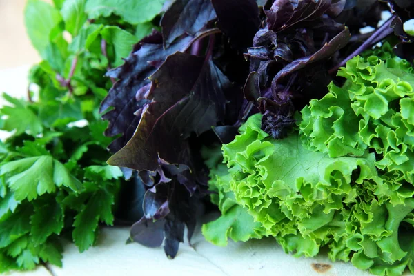 Friss saláta zöldek - saláta, petrezselyem, bazsalikom, menta, egy fából készült asztal — Stock Fotó