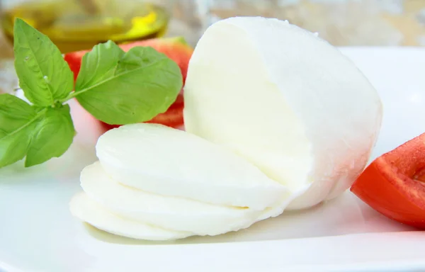 Italiensk mozzarellaost med tomat och basilika — Stockfoto