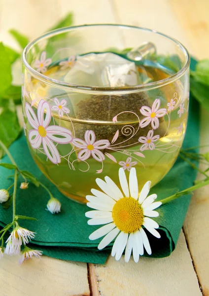 Šálek zeleného čaje s bylinkami, máta, heřmánek — Stock fotografie