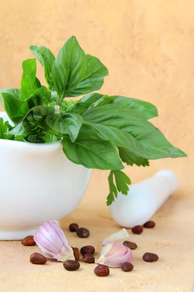 Italian Still Life Mortar with garlic and basil herbs and olive oil — Stock Photo, Image