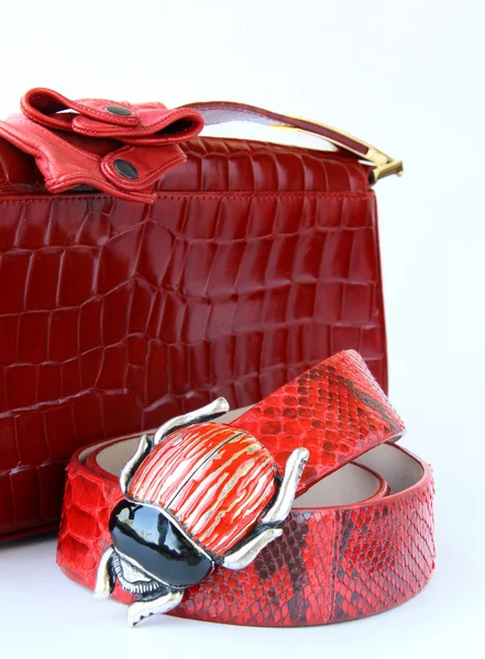 Női kiegészítők piros táska és egy stílusos öv — Stock Fotó
