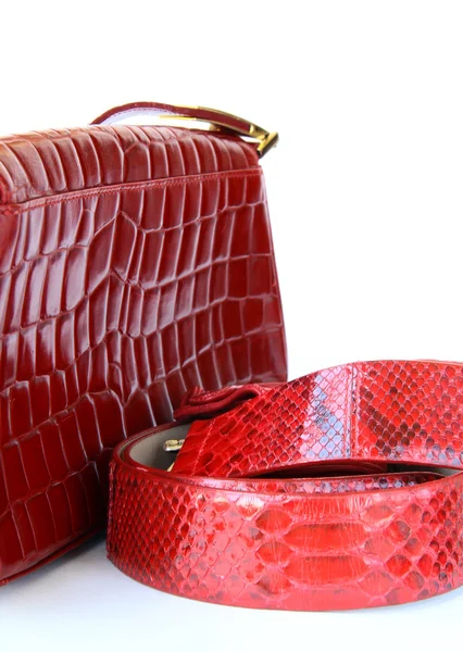 Kadın aksesuarlar kırmızı çanta ve şık bir kemer — Stok fotoğraf