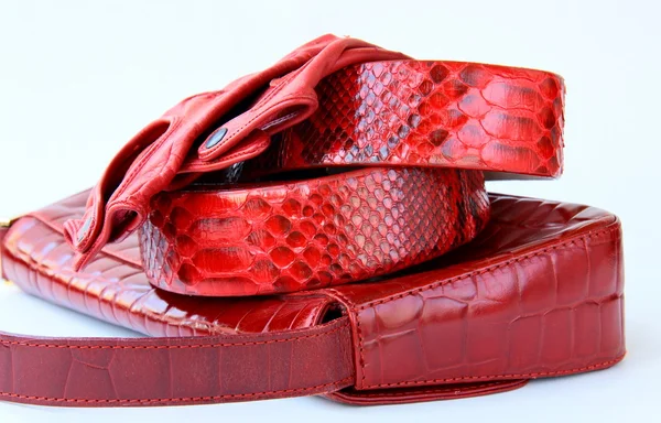 Prstové rukavice červené doplňky a stylové pás — Stock fotografie