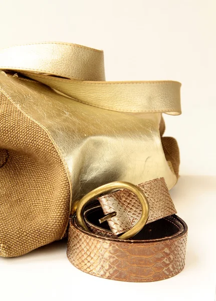 Weibliche dekorative Goldtasche und stylischer Gürtel — Stockfoto