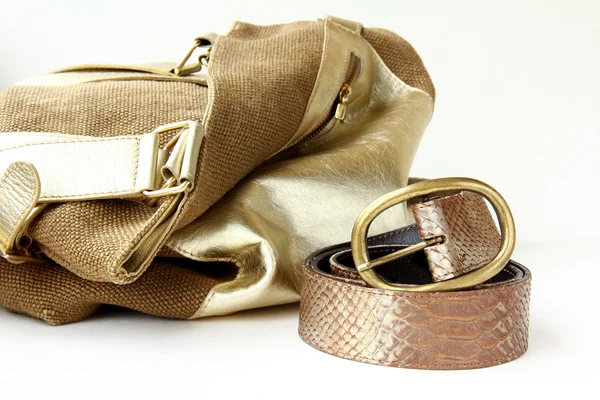 Bolso de oro decorativo femenino y un cinturón elegante —  Fotos de Stock