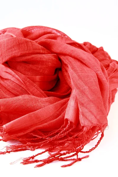 Elegante donna sciarpa rossa su uno sfondo bianco — Foto Stock