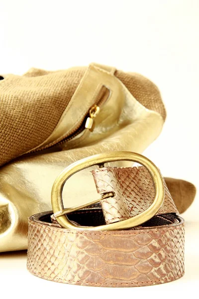 Weibliche dekorative Goldtasche und stylischer Gürtel — Stockfoto
