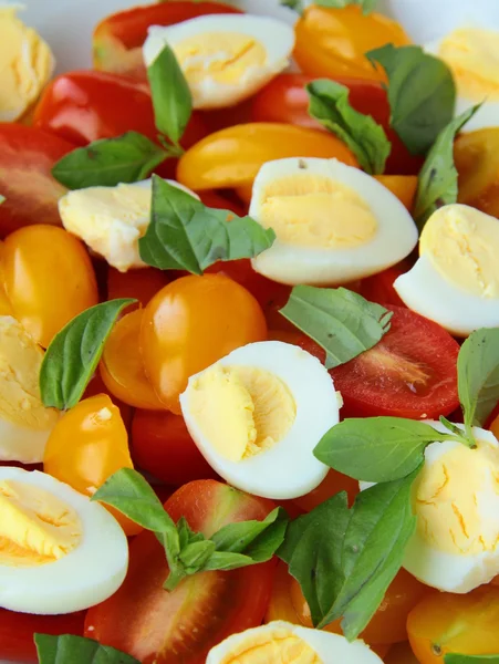 Bıldırcın yumurta ve domates salatası yakın çekim — Stok fotoğraf