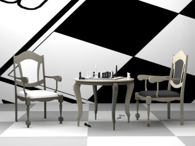 Chess stand on a table next to two chairs. clipart