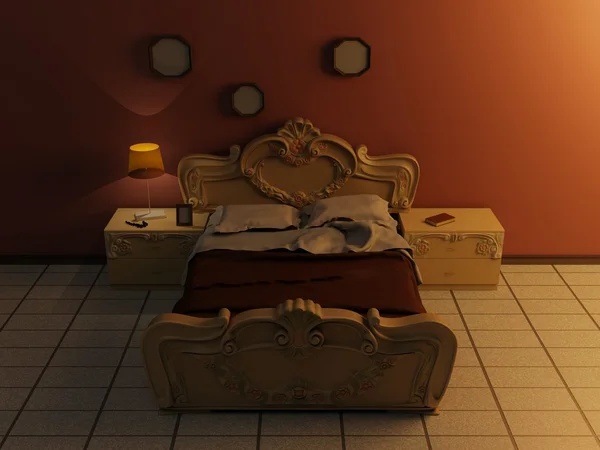 ベッドとベッドサイド テーブルとモダンなスタイルのインテリア — ストック写真