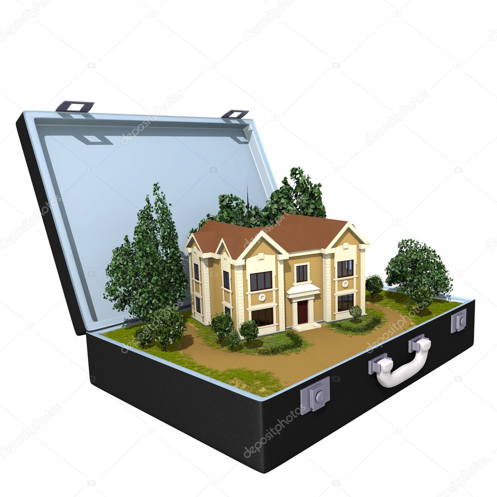 The house in a case on a white background with trees