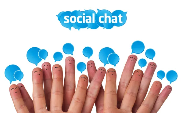 Happy group of finger smileys with social chat sign — Stock Photo, Image
