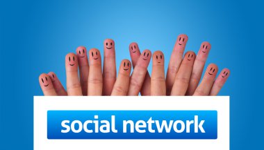 Group of finger smileys holding whiteboard with social network s clipart